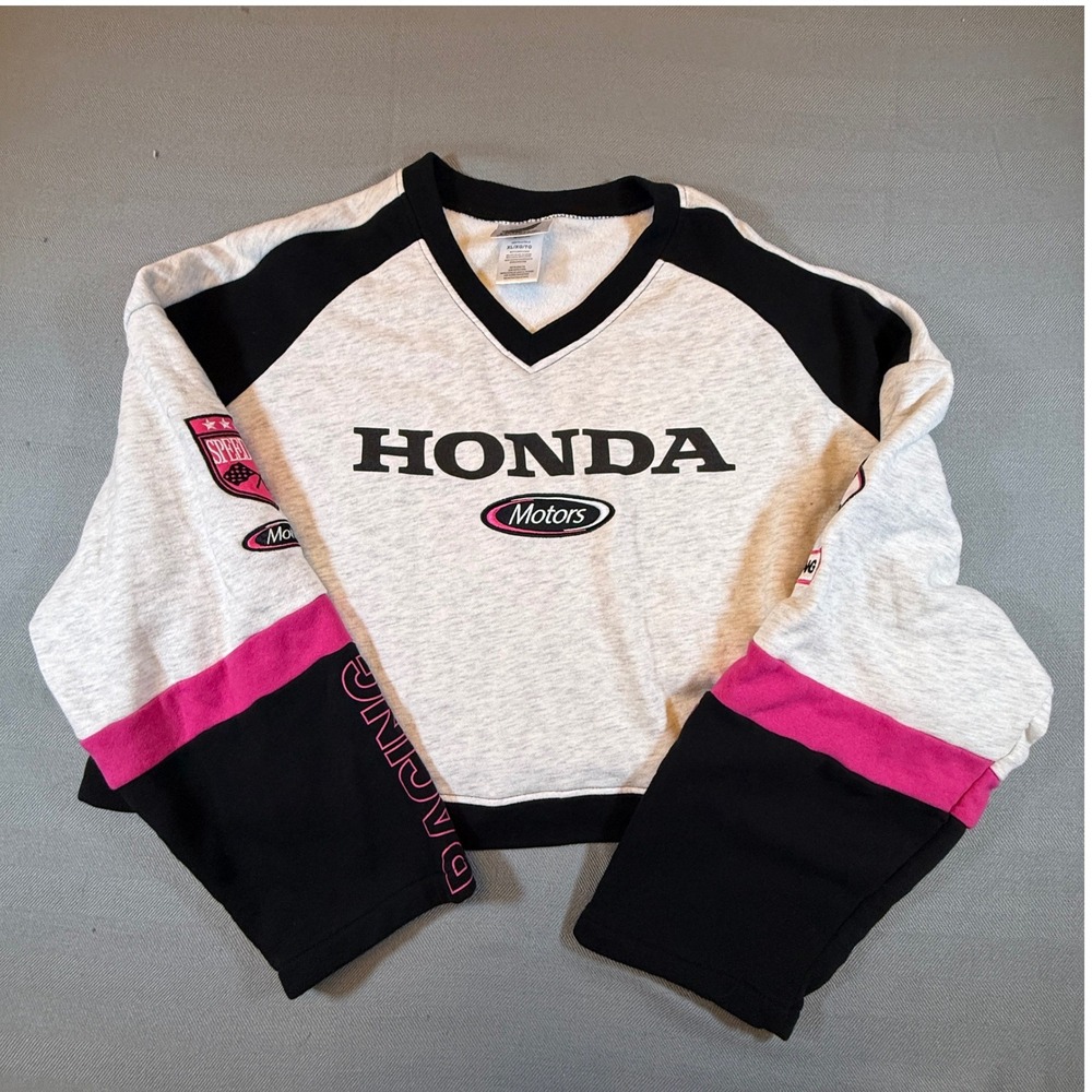 Honda Racing Sweatshirt Womens XL Gray Pink Black V-Neck Cropped Pullover 23540